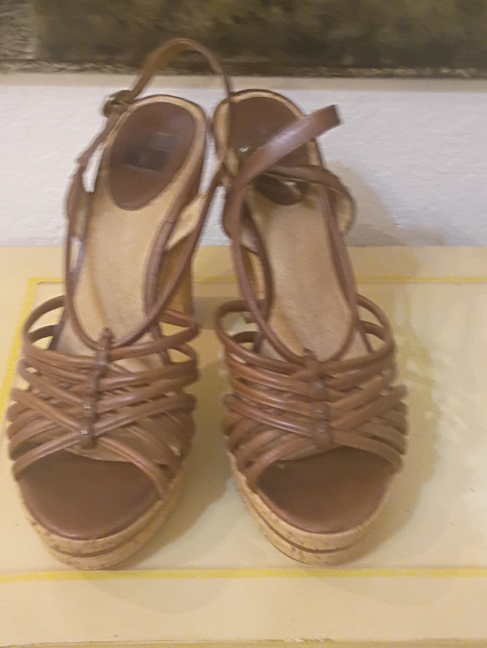 Frye Tan Leather Strappy Platform Wedge Sandals